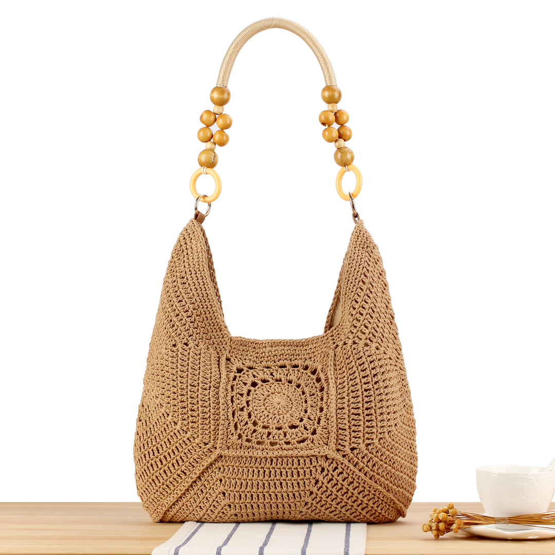 Handbag Made of Hand-Knotted Natural Material with Stylish Wooden Handles Bowlift