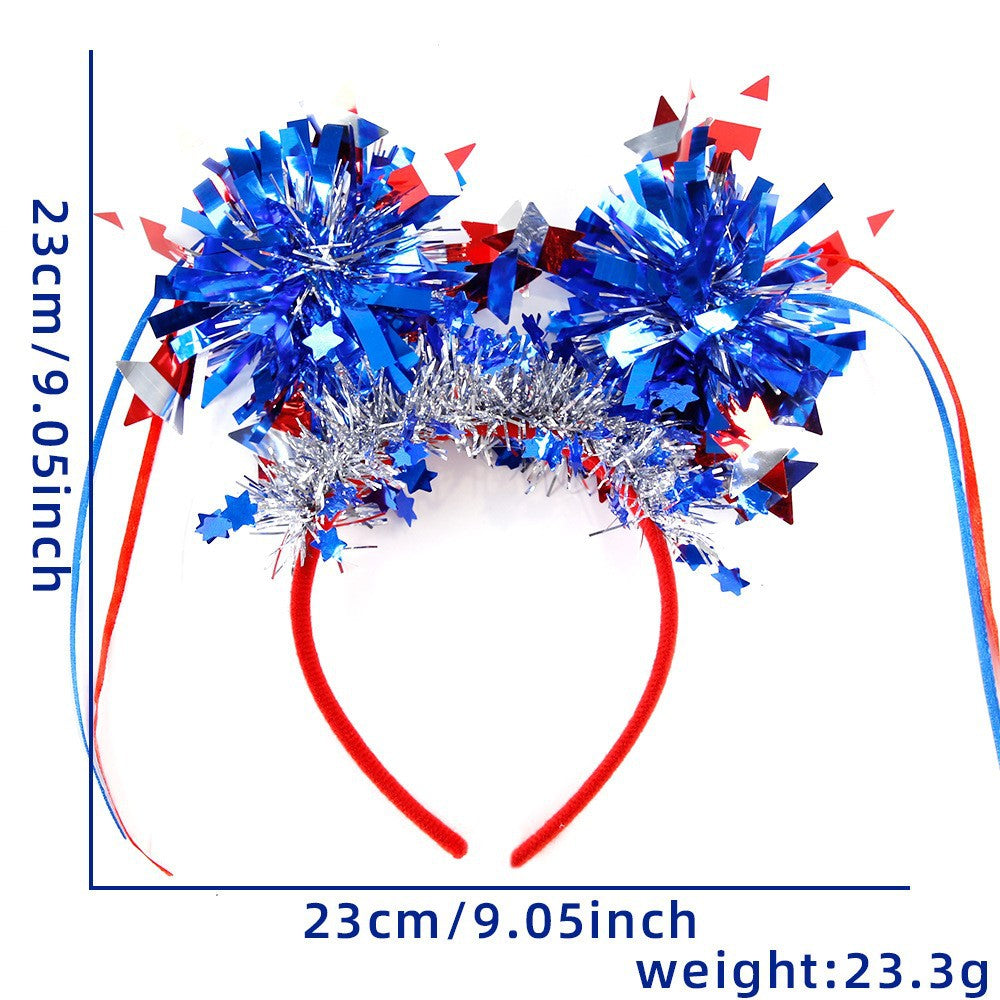 Unisex nan eye-catching party headband with attached pom poms, star tinsel, and small flag pendants Bowlift