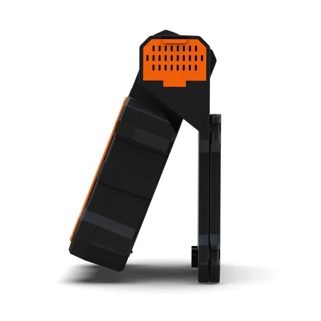 Cooling portable solar camping fan with USB-C power bank and integrated LED work light Bowlift