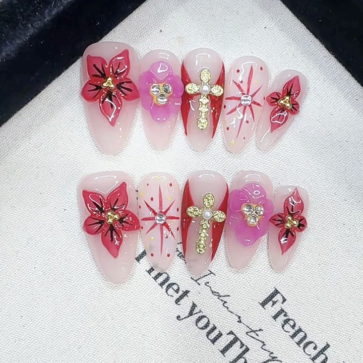 Artistic Floral and Gemstone-Embellished Press-On Nails Bowlift
