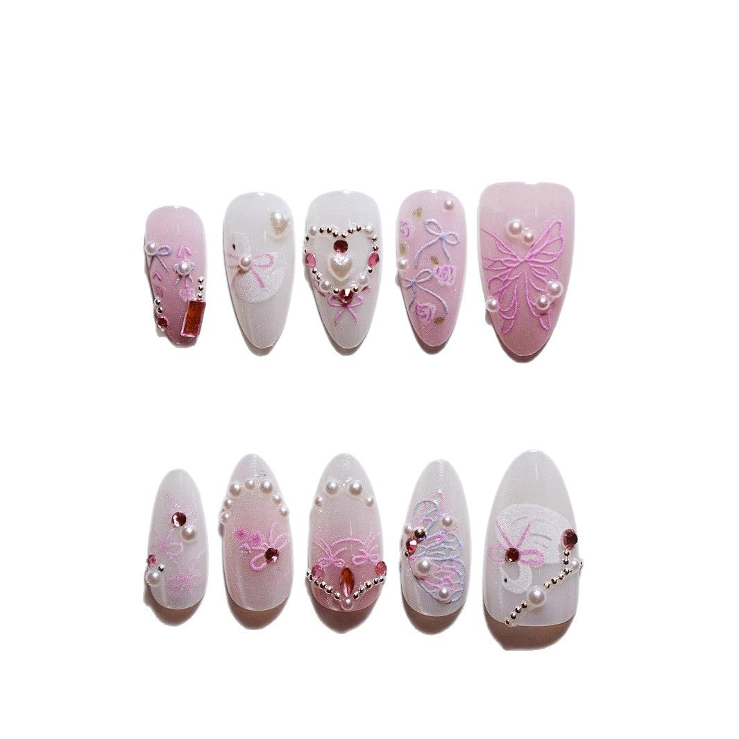 Decorative 3D Bow and Pearl Press-On Nail Art Bowlift