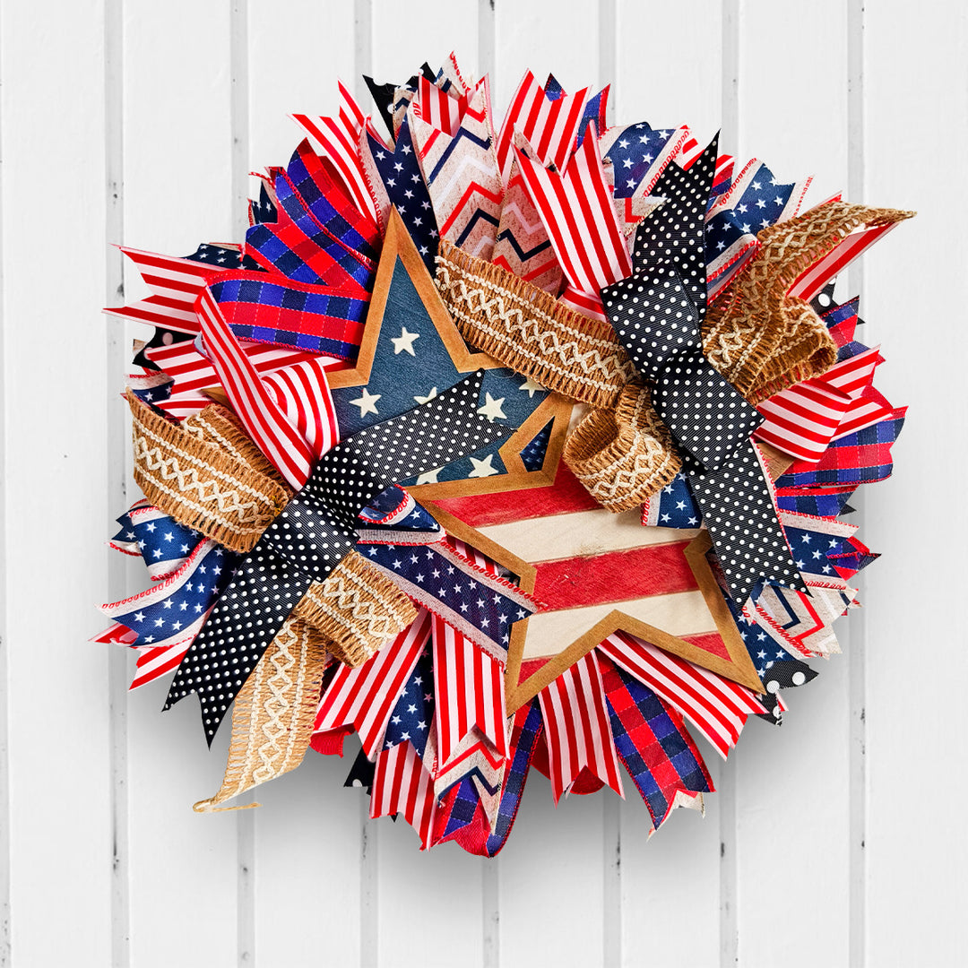 Unisex nan more patriotic USA-inspired door wreath with wooden star and multicolored ribbon arrangements Bowlift
