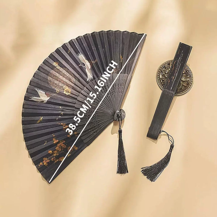 Women One Size hand-painted crane and plum blossom fan with carved wood ribs and silk tassel Bowlift
