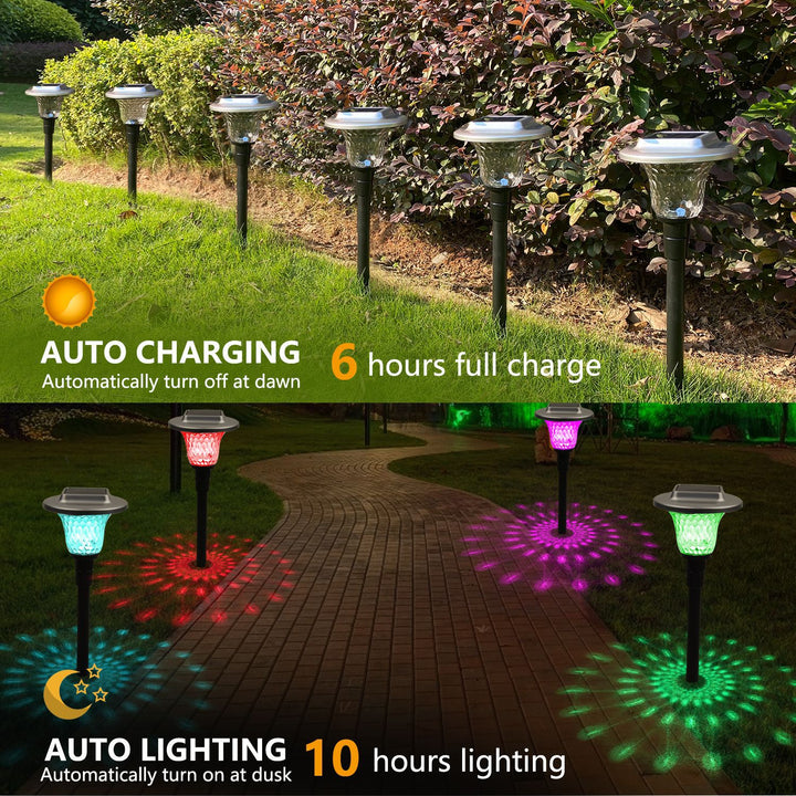 Solar LED Projecting Pathway Stake Lights With Color-Changing Crystal Lens And Dusk-To-Dawn Sensor Bowlift