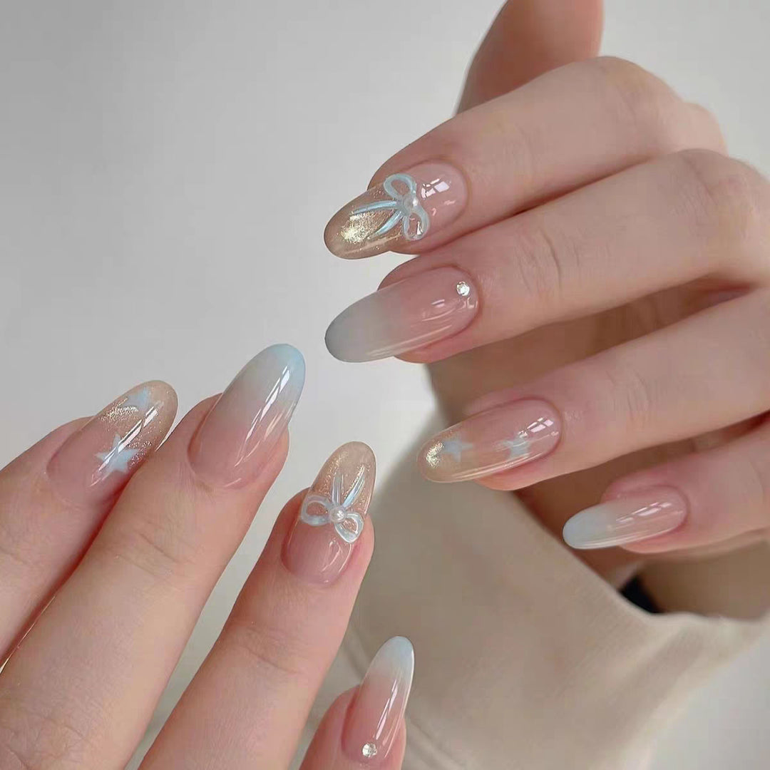 Artistic Press-On Nail Art Set with Decorative Floral and Gemstone Accents Bowlift