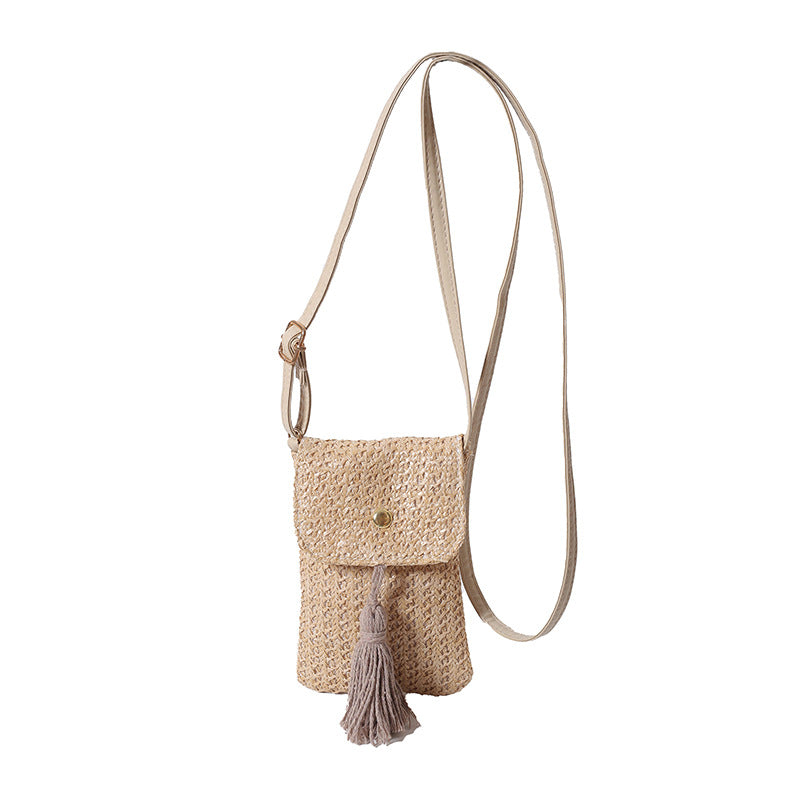 Woven Straw Crossbody Phone Pouch with Tassel and Adjustable Vegan Leather Strap Bowlift