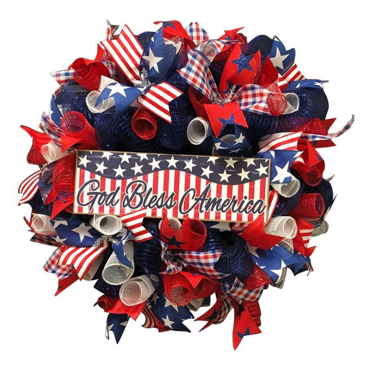 Unisex decorative country house door wreath with overlapping wooden stars and multiple ribbon bows Bowlift
