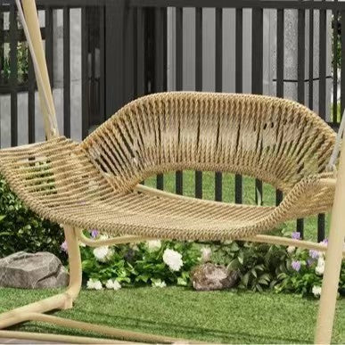 Woven rattan outdoor swing loveseat with padded cushions and powder-coated steel frame Bowlift