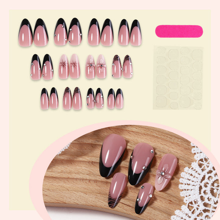 Deluxe Press-On Nail Set with Elegant Black Tips and Embellishments Bowlift