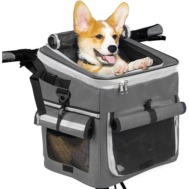expandable front bike pet carrier basket with dual-access roll-top canopy and organizer pockets Bowlift