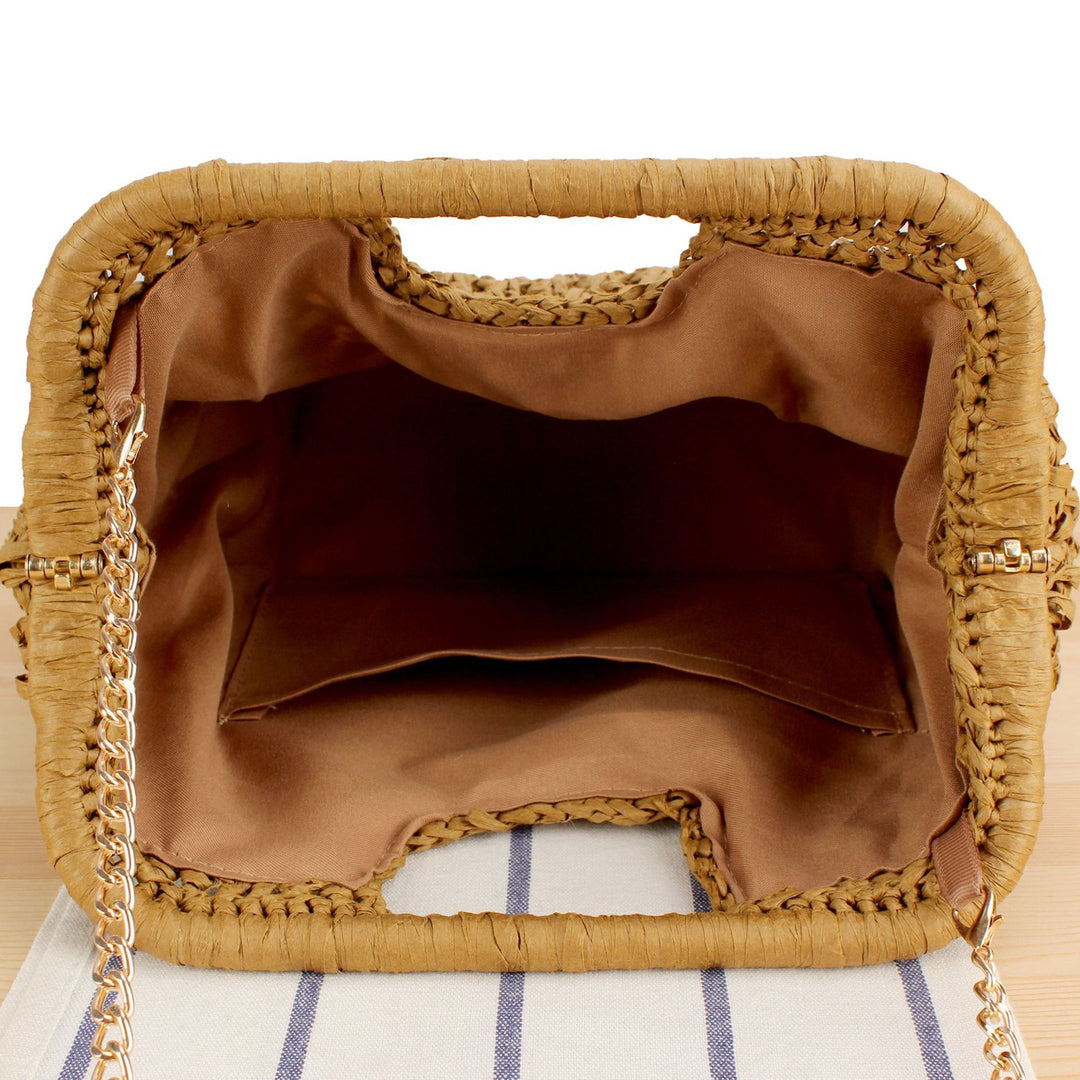 Beach Shoulder Bag Made of Natural Weave with Elegant Chain Decoration Bowlift