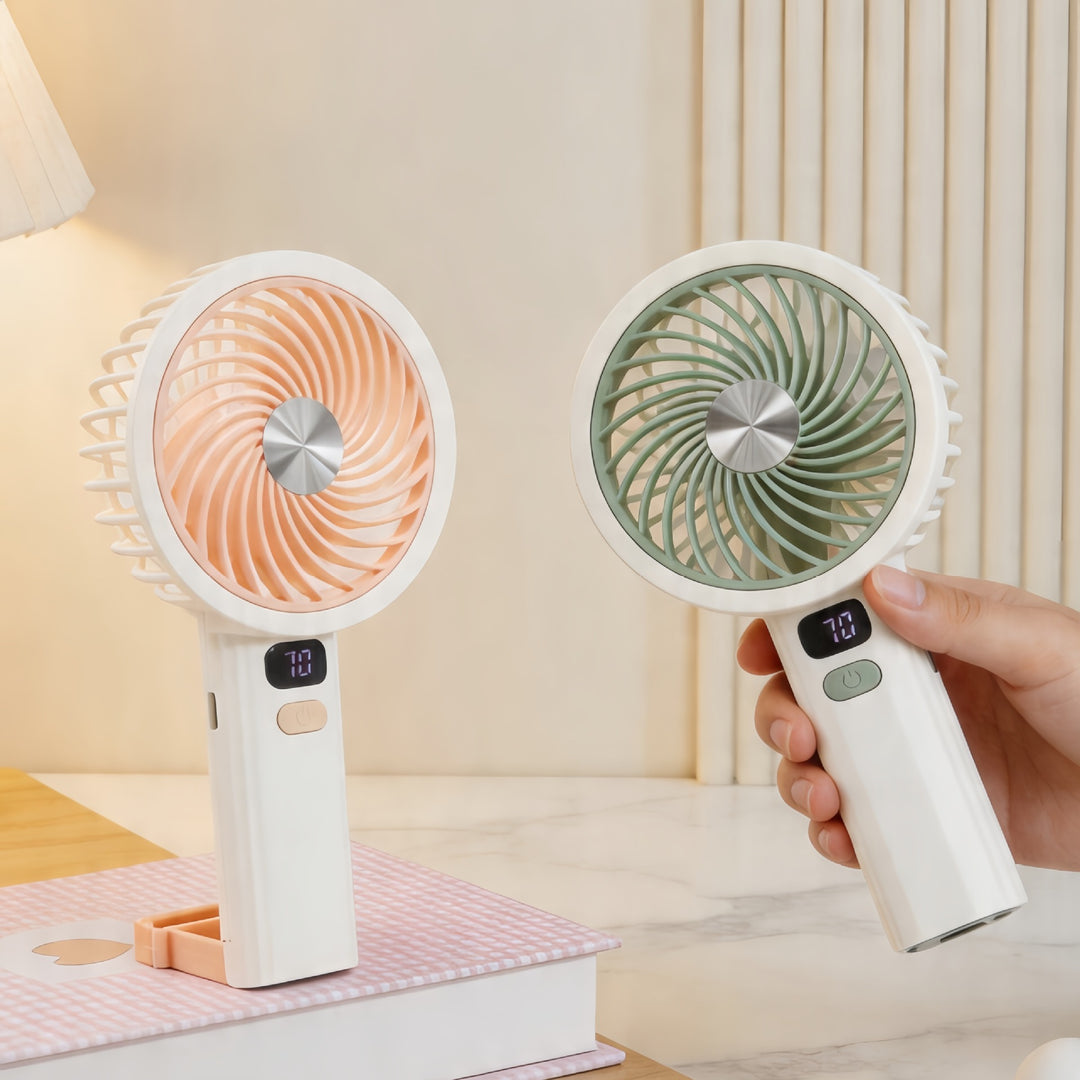 Women's Portable Handheld Fan with Digital Temperature Display and Ergonomic Handle Bowlift