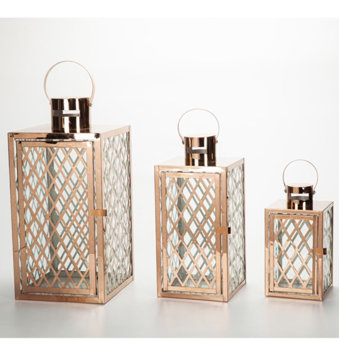 Modern Polished Lattice Metal Lantern Collection with Hinged Door and Top Loop Handle Bowlift