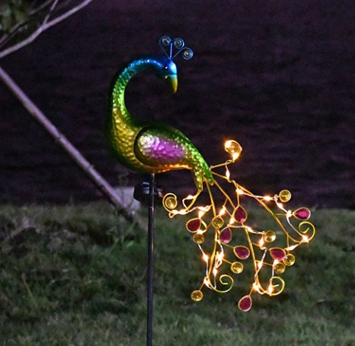 Decorative Metal Peacock Garden Stake Sculpture With Integrated LED Fairy Lights And Weatherproof Outdoor Stake Bowlift