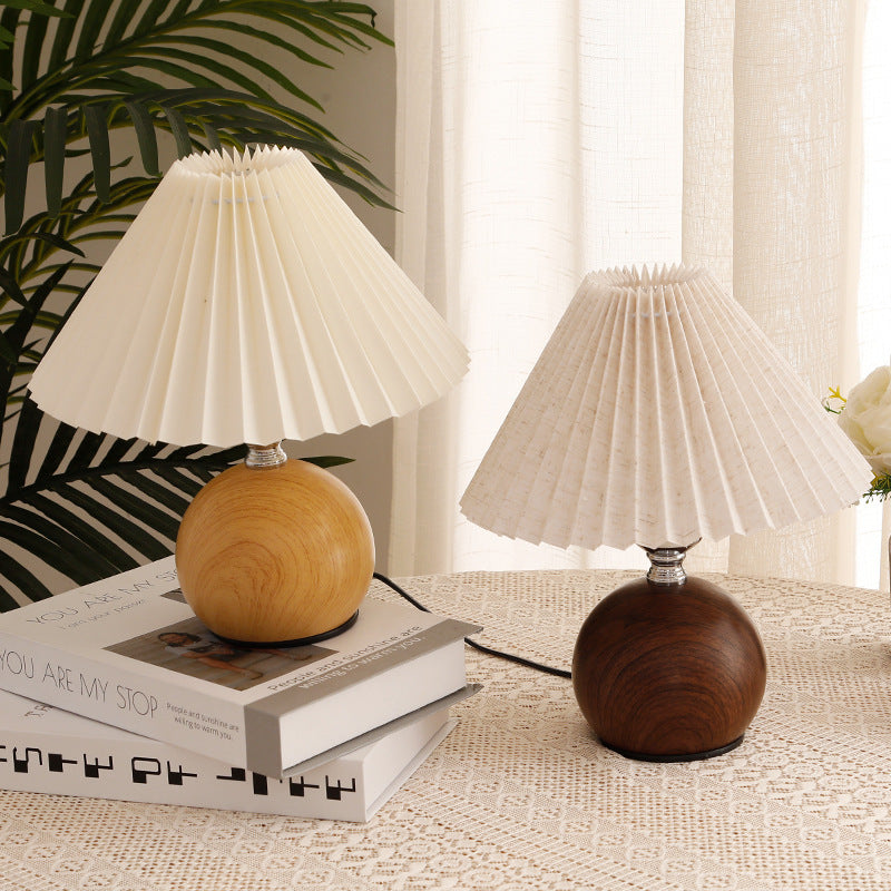 Mid-Century Round Wood Base Pleated Fabric Shade Bedside Lamp Bowlift