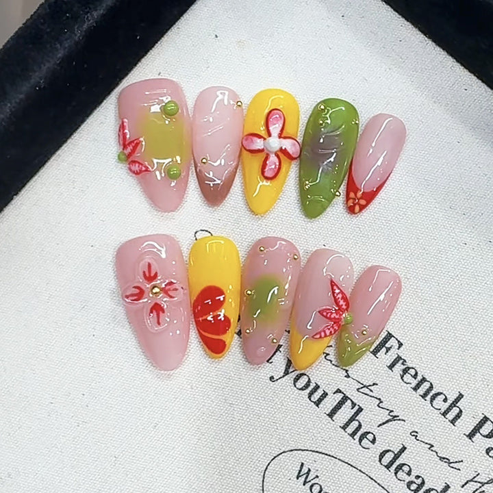 Artistic Floral-Design Press-On Nail Art Set Bowlift