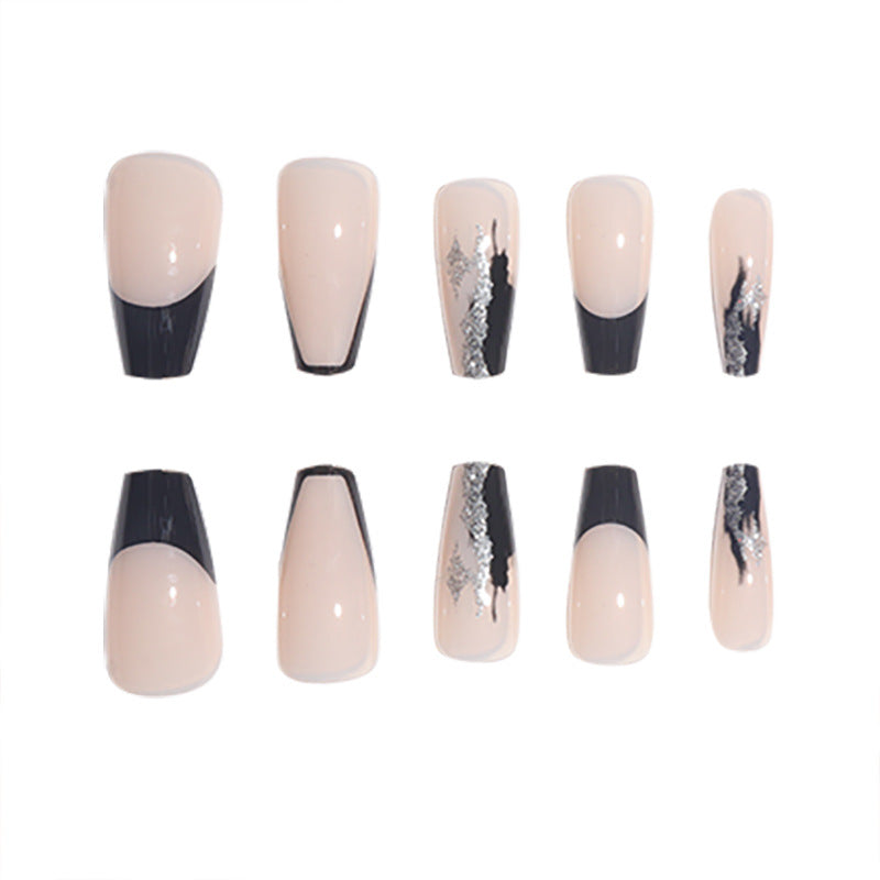 Elegant Stiletto Press-On Nails with Artistic Black Tips and Silver Accents Bowlift
