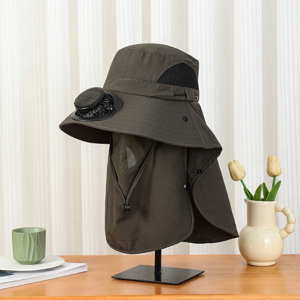 UV-Protect-Sun Hat with removable face and neck protection, integrated solar fan and breathable mesh Bowlift