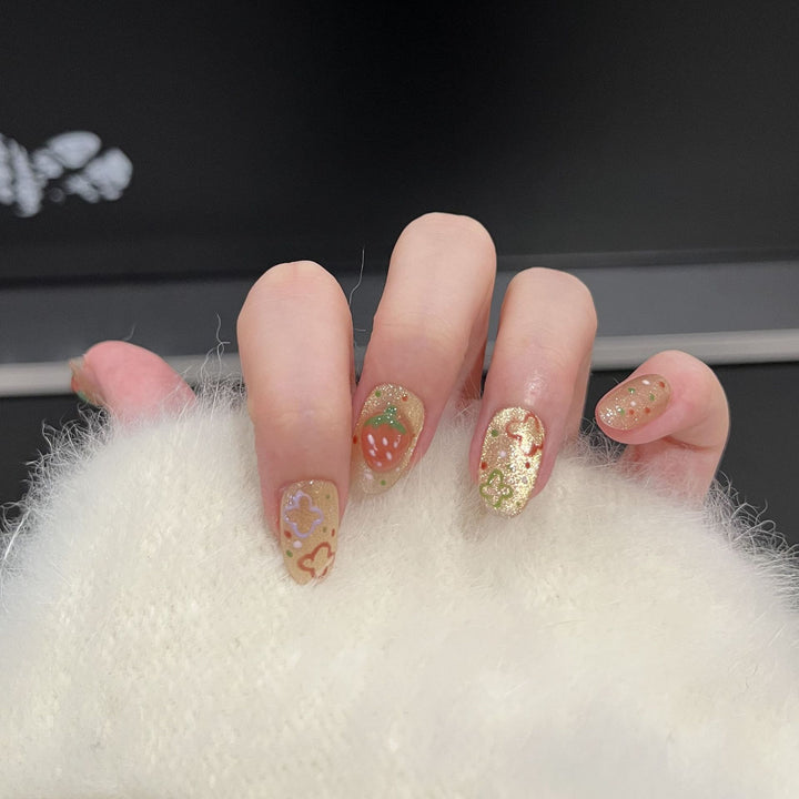 Artistic Strawberry-Themed Press-On Nail Set Bowlift