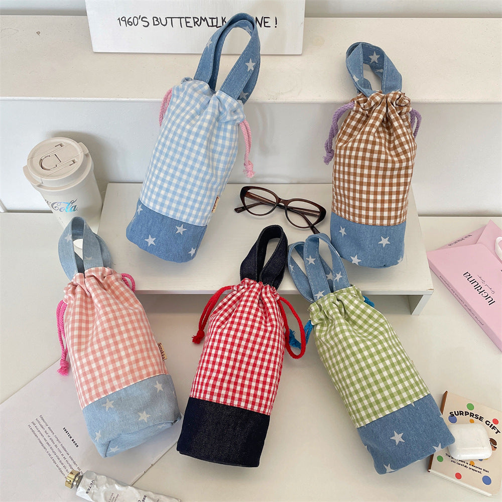 Drawstring Bottle Pouch with Denim Base and Carry Handle Bowlift