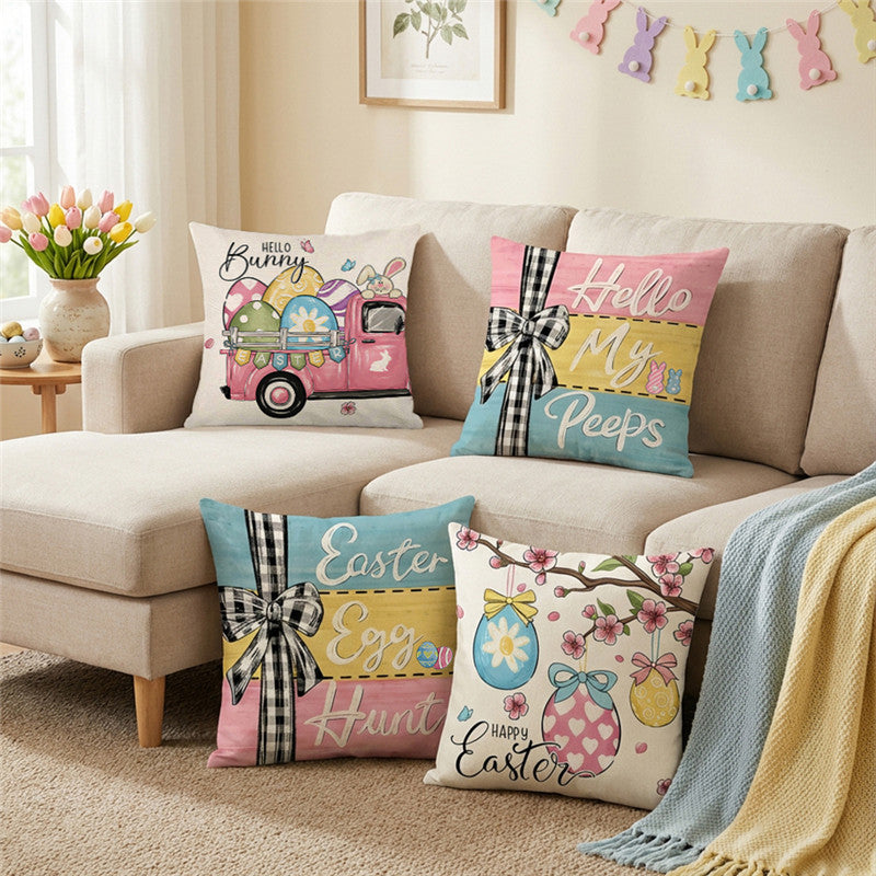 Decorative Cotton-Linen Easter Hanging Egg Print Throw Pillow Cover