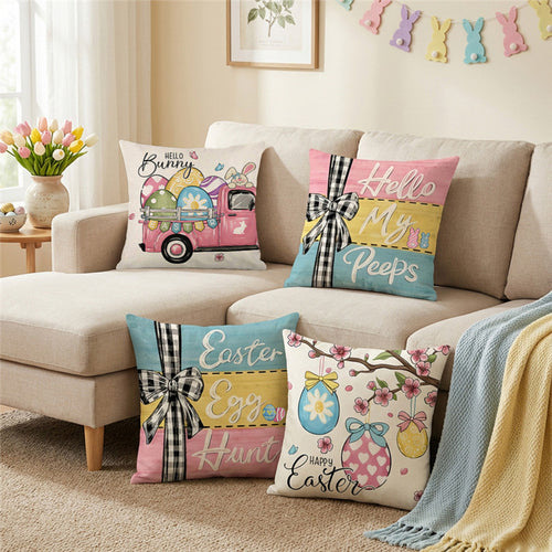 Decorative Cotton-Linen Easter Hanging Egg Print Throw Pillow Cover