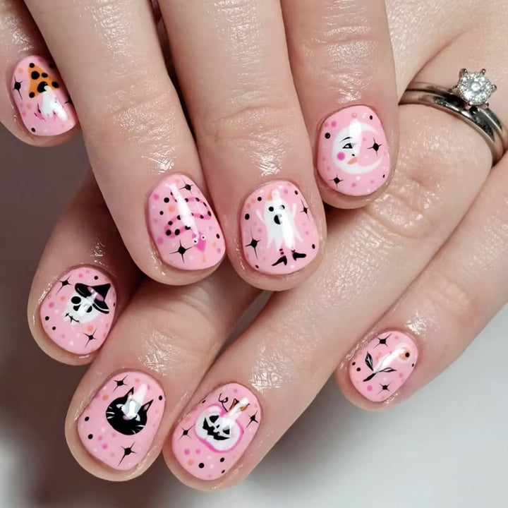Festive Ghost and Pumpkin Press-On Nail Art Bowlift