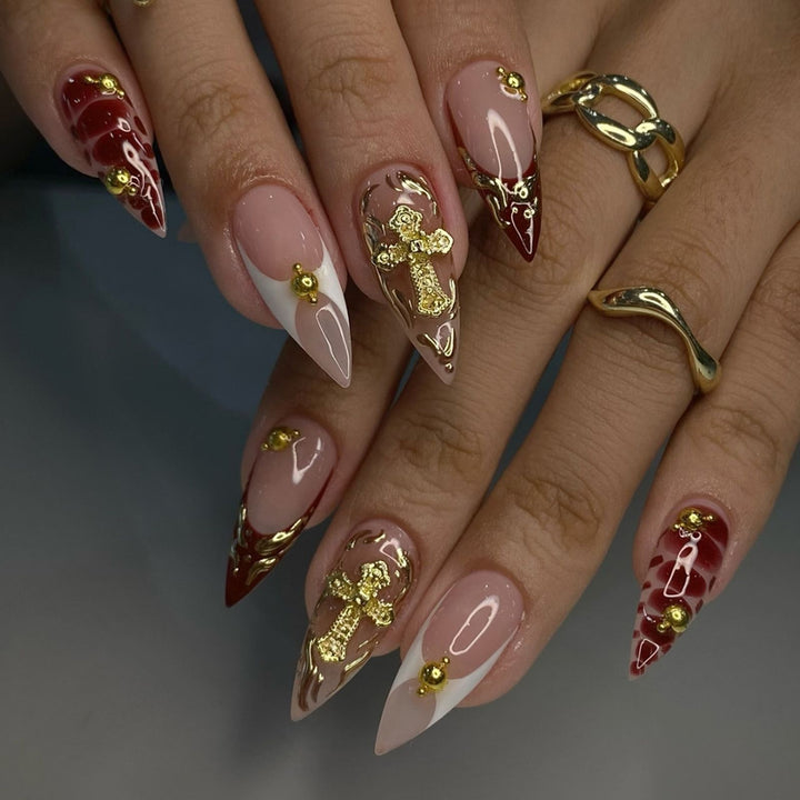 Premium Decorative Press-On Nail Art Set with Gold Accents Bowlift