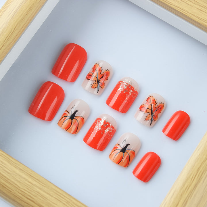 Festive Pumpkin-Themed Press-On Nail Set Bowlift
