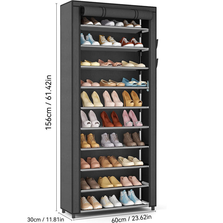 tall vertical shoe storage cabinet with roll-up protective cover and clear shelf panels Bowlift