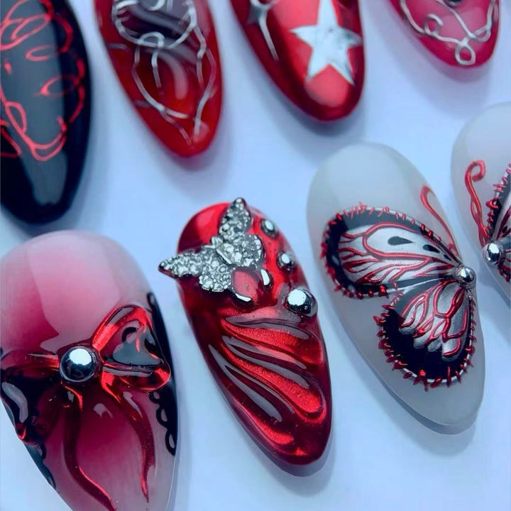 Artistic Press-On Nail Set with Butterfly and Star Details Bowlift