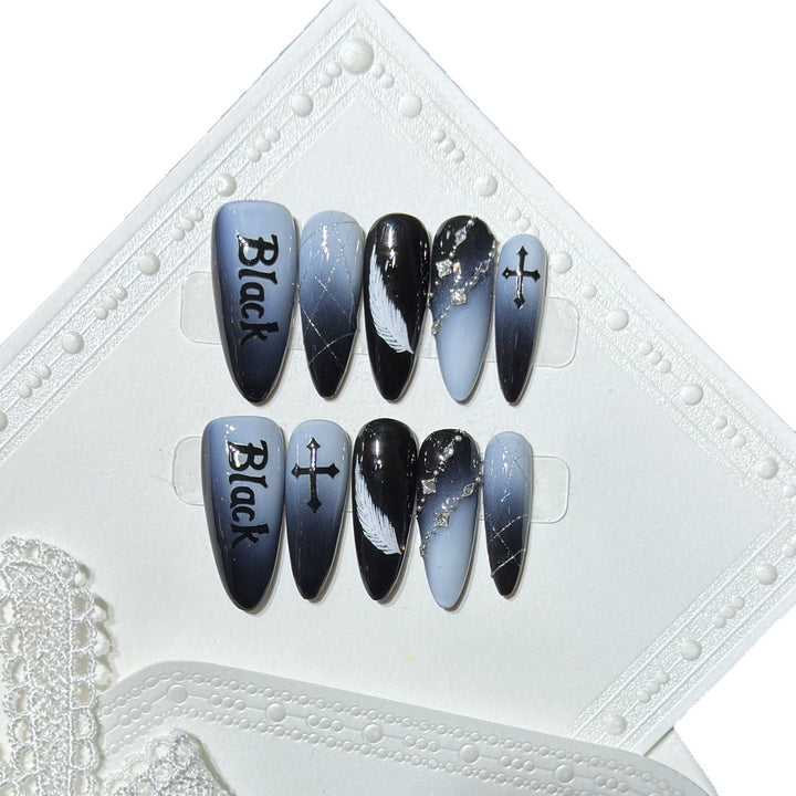 Artistic Press-On Nail Set with Gothic Feather and Cross Design Bowlift