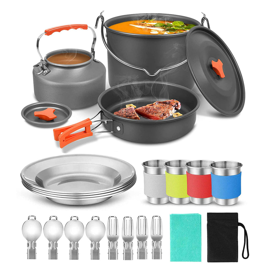 compact nesting anodized aluminum camping cookware kit with kettle nonstick pots frying pan foldable wash basin stainless steel plates cups Bowlift