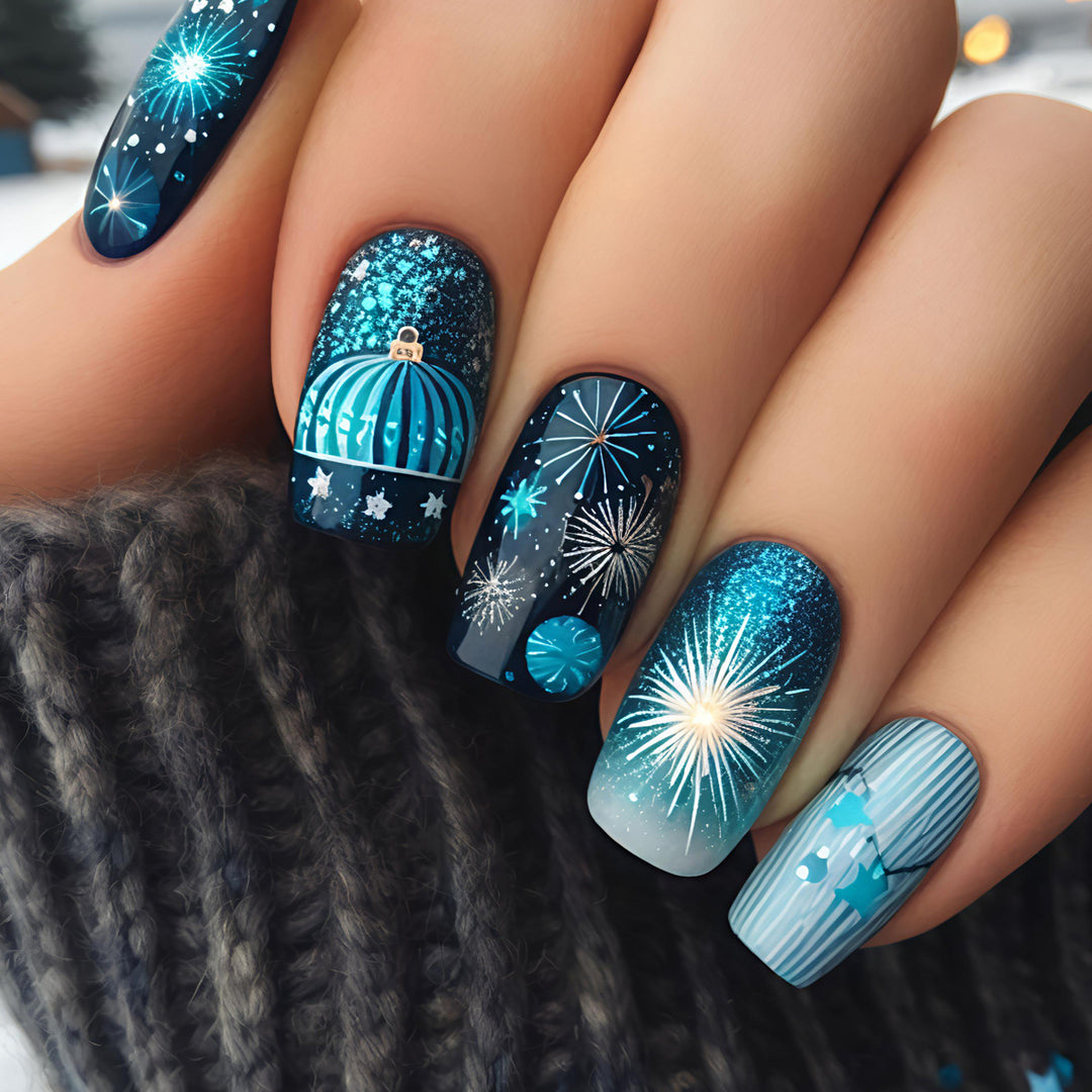 Artificial nails with festive fireworks design Bowlift