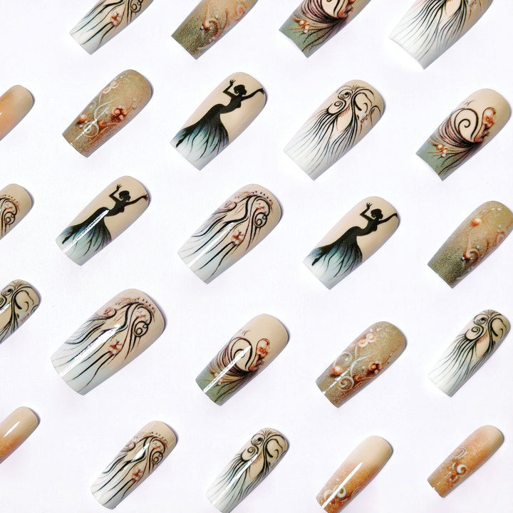 Artificial nails with elegant silhouette and floral accents Bowlift