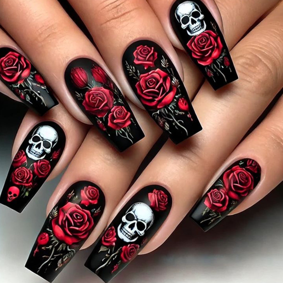 Gothic Skull and Rose Nail Art Extensions Bowlift