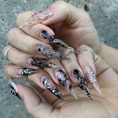 Artistic Stiletto Nail Extensions with Black Detailing Bowlift
