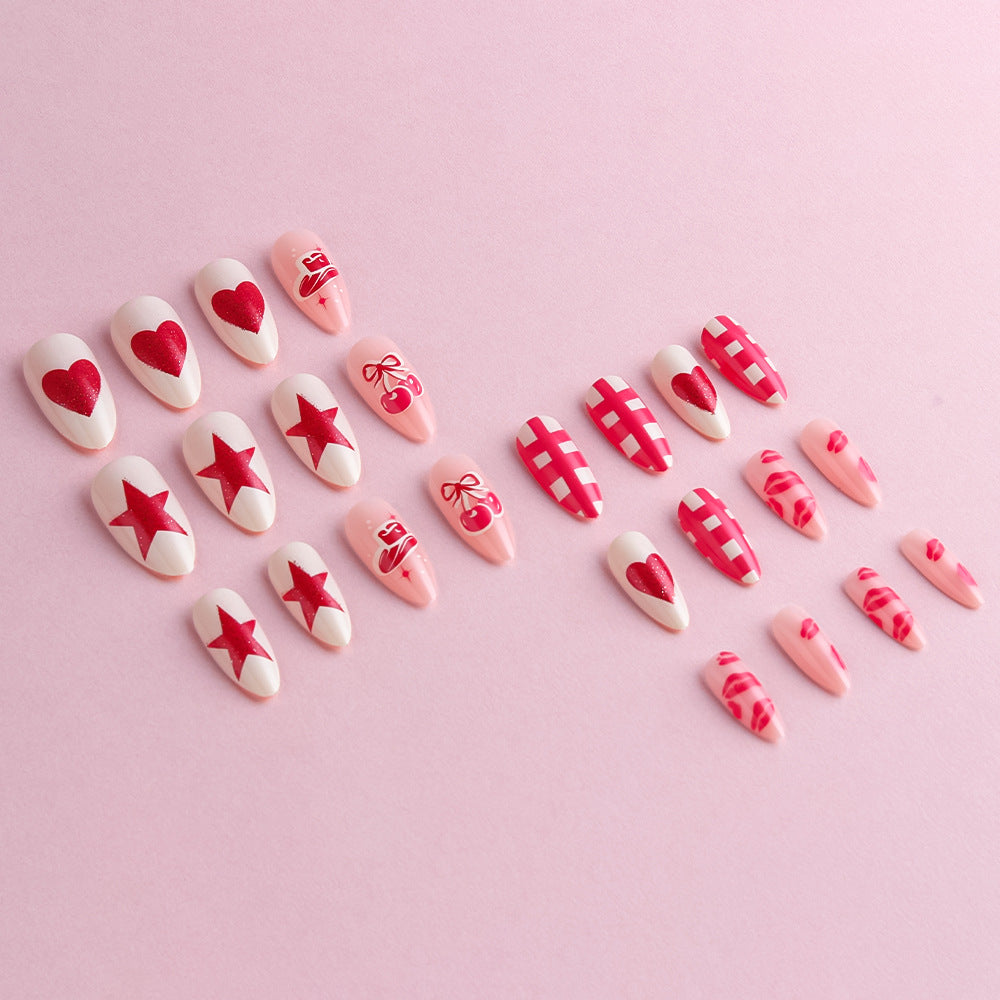 Artistic Press-On Nail Art Set with Heart and Star Designs Bowlift