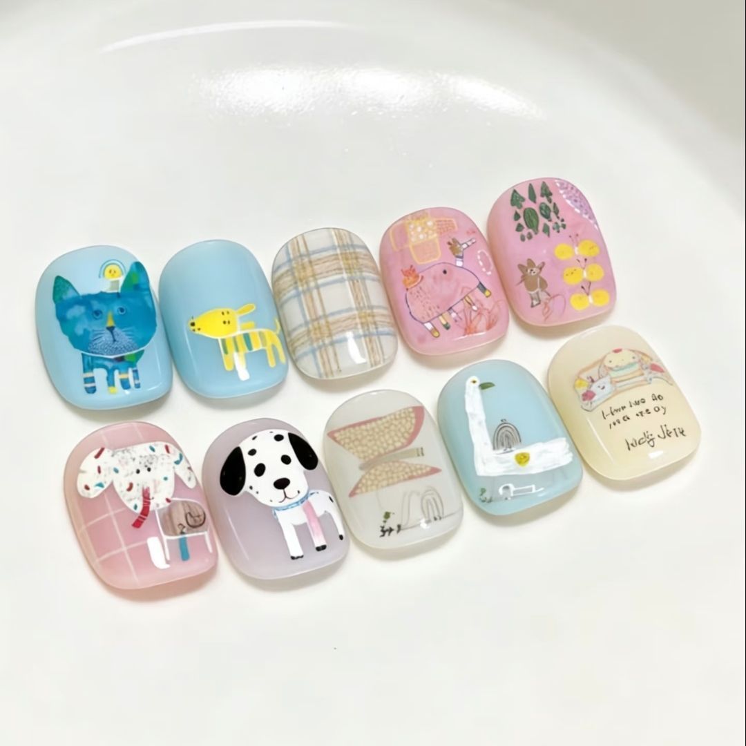 Artistic Cat-Themed Press-On Nail Art Set Bowlift
