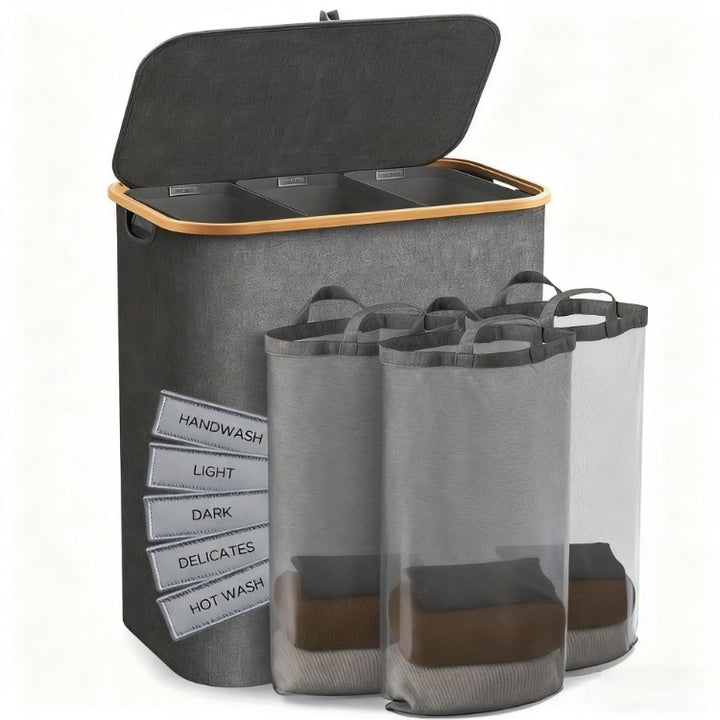 Laundry separation system with three compartments and removable inner pockets Bowlift