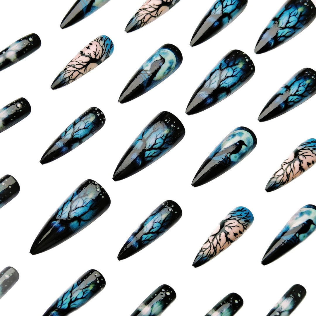 Creative artificial nails with mystical moon and crow design Bowlift