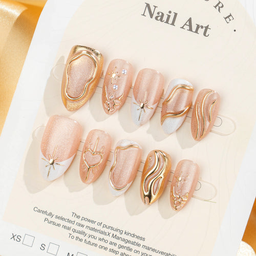 Artistic Press-On Nail Set with Elegant Gold Accents Bowlift