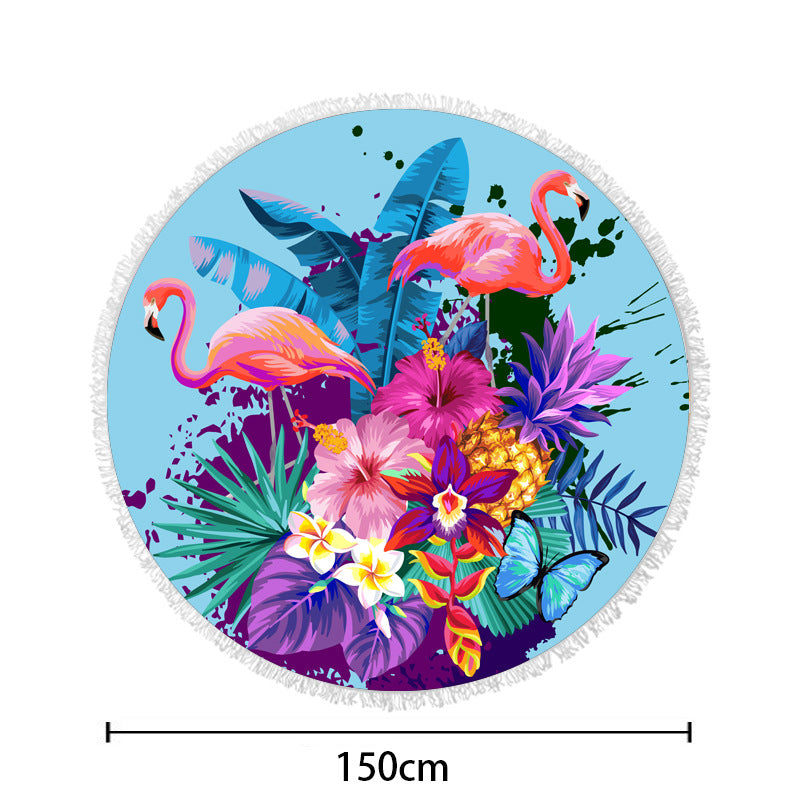 Round beach towel with tropical leaf print and fringe decoration Bowlift