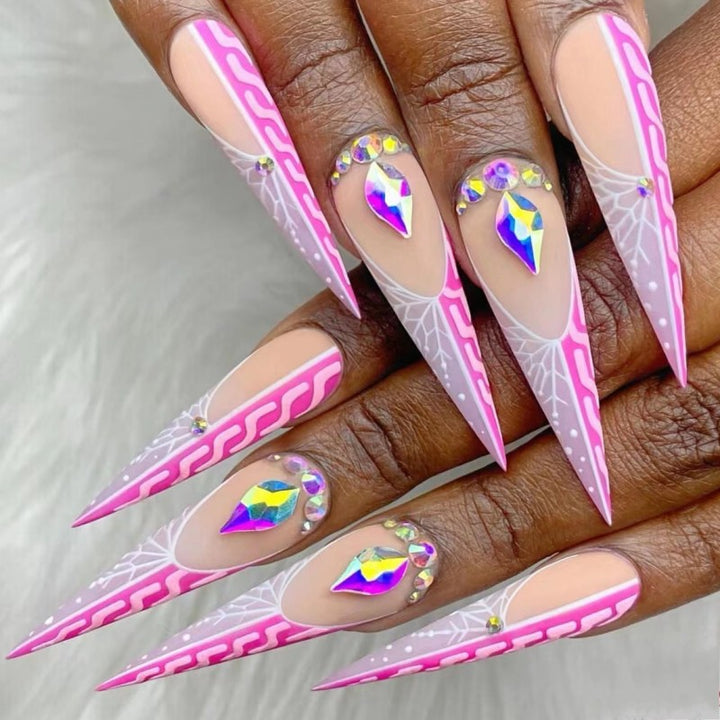 Creative Stiletto Art Nails with Geometric Patterns Bowlift