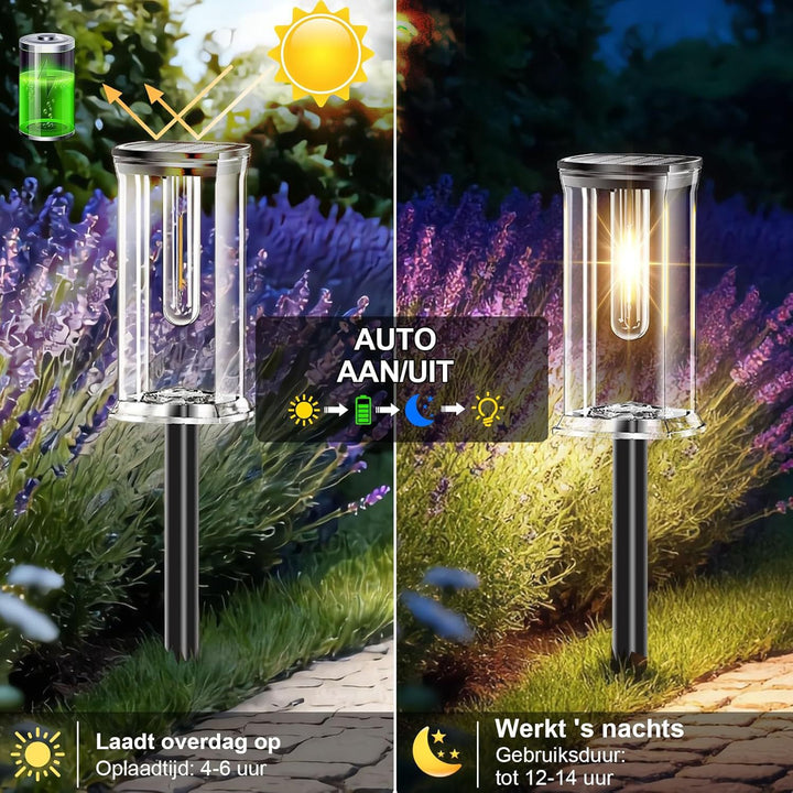 Solar stake lantern with integrated filament LED and weatherproof polycarbonate housing Bowlift