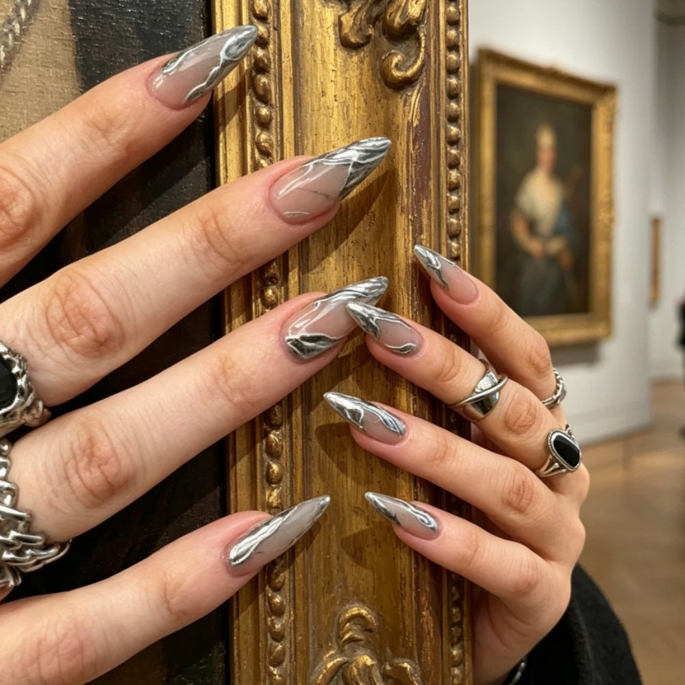 Metallic Marble Art Stiletto Press-On Nails Bowlift