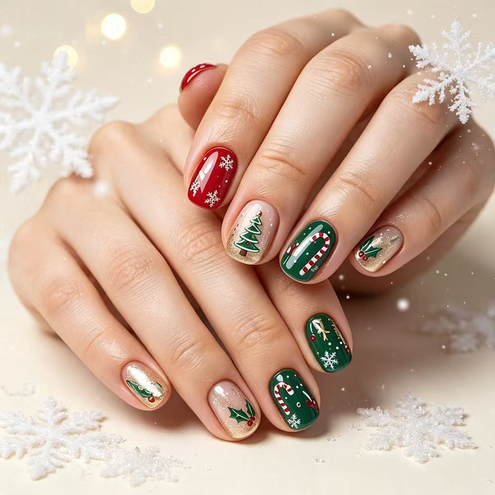 Artificial nails in festive Christmas design Bowlift