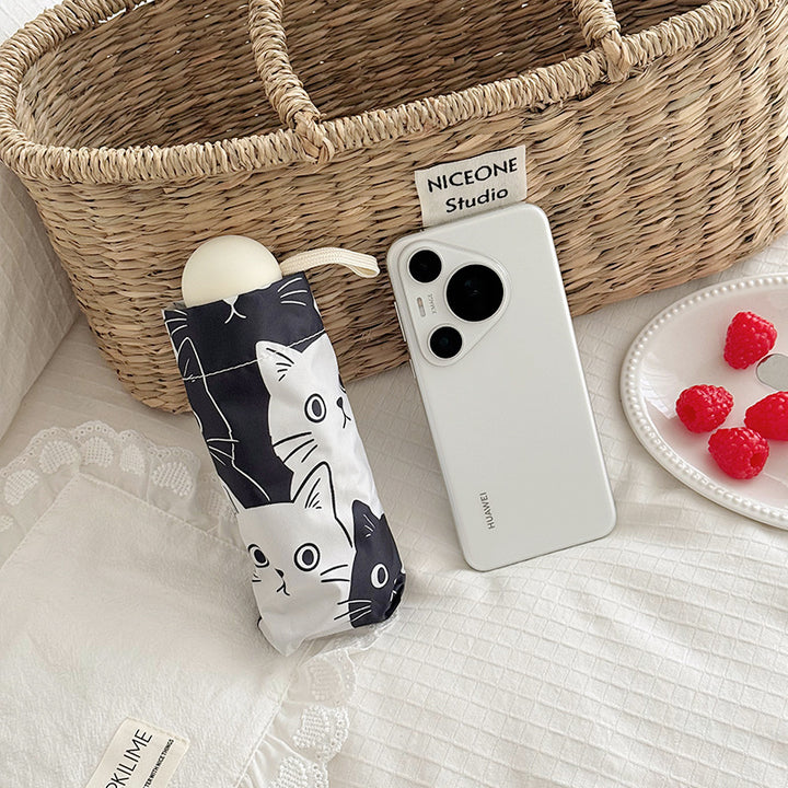 Women Folding Umbrella with Playful Cat Pattern Bowlift