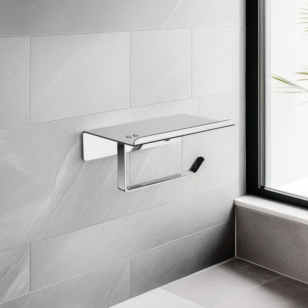 Wall-Mounted Toilet Paper Holder With Integrated Shelf And Phone Shelf
