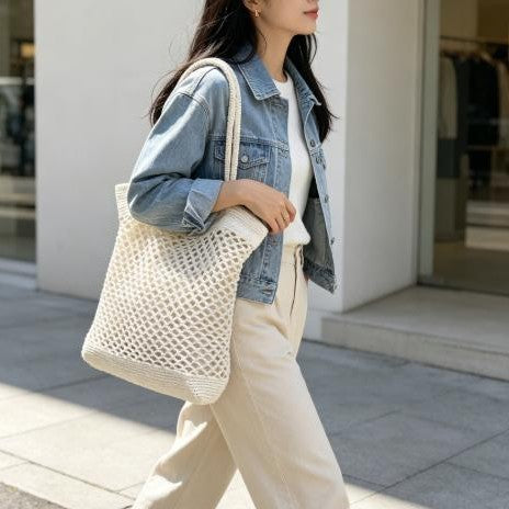 Macrame Tote Bag with Modern Mesh Design Bowlift